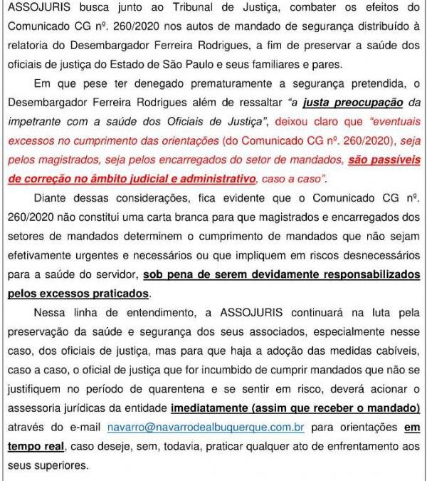 COMUNICADO AOS OFICIAIS DE JUSTIÇA: CUMPRIMENTO DE MANDADOS NO PERÍODO DE QUARENTENA (PANDEMIA DO CORONAVÍRUS)