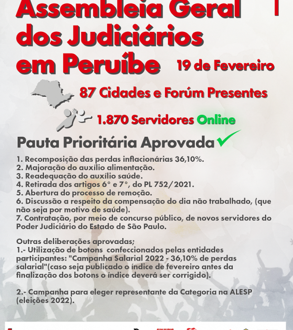 DELIBERAÇÕES DA ASSEMBLEIA GERAL DOS JUDICIÁRIOS EM PERUIBE – 19/02/2022