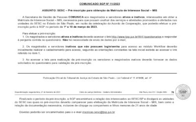 COMUNICADO SGP Nº 11/2023 – ASSUNTO: SESC – Pré-Inscrição para obtenção da Matrícula de Interesse Social – MIS