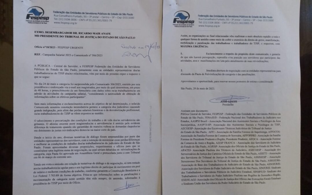 Entidades reiteram pedido de agendamento de reunião com presidência do TJ/SP