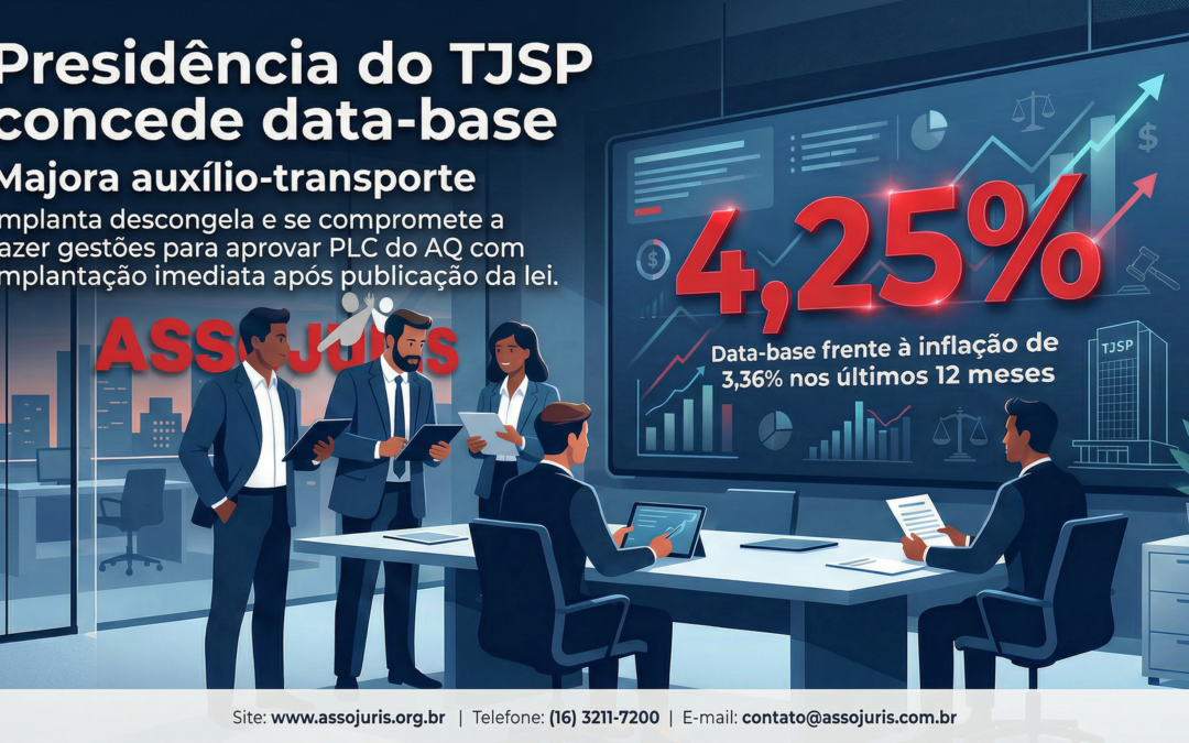 Presidência do TJSP concede data-base, majora auxílio-transporte, implanta descongela e se compromete fazer gestões para aprovar PLC do AQ com implantação imediata após publicação da lei